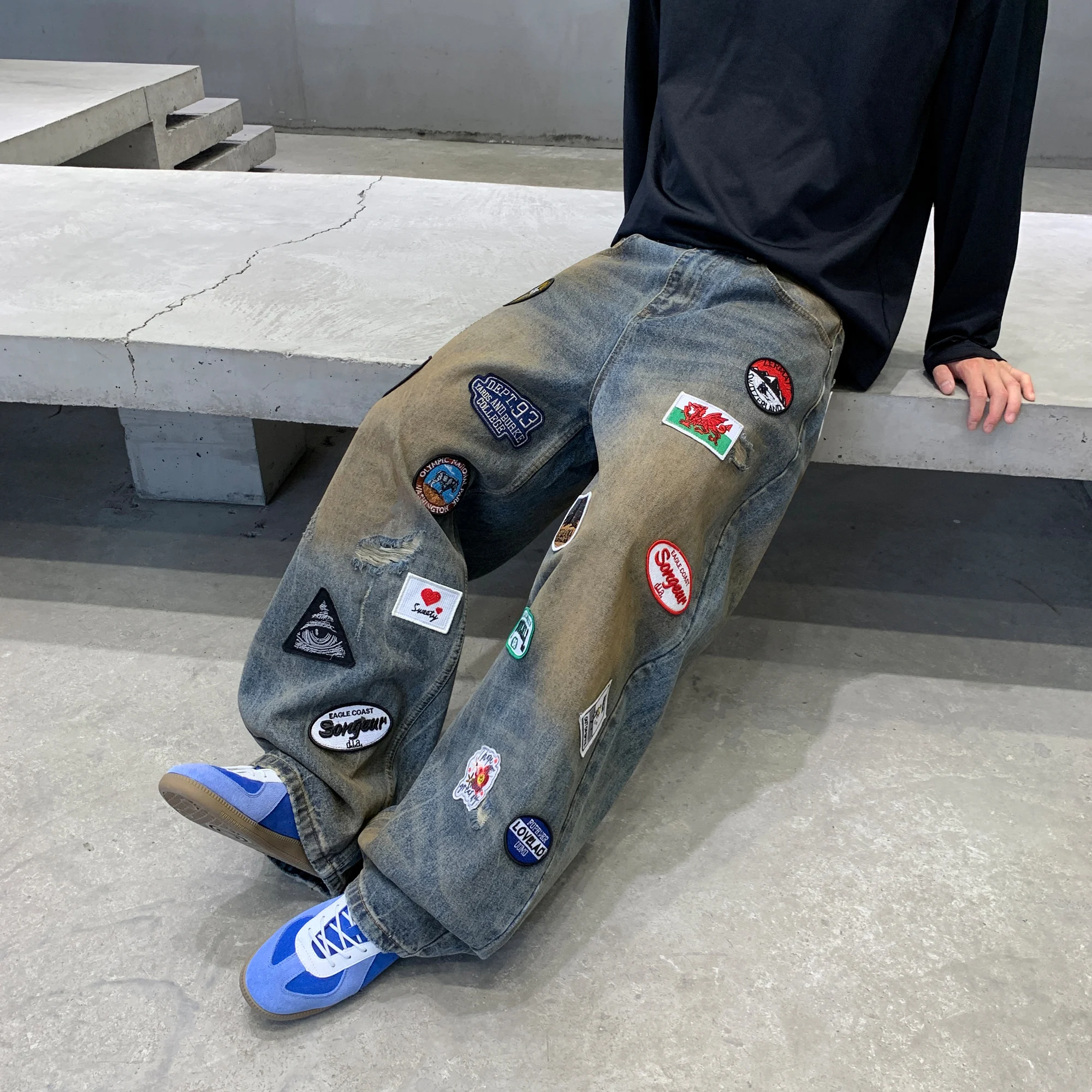 

Новые свободные прямые джинсы в американском стиле для мужчин с синей талией и лоскутными молодежными модными хлопковыми джинсовыми брюками, повседневные брюки