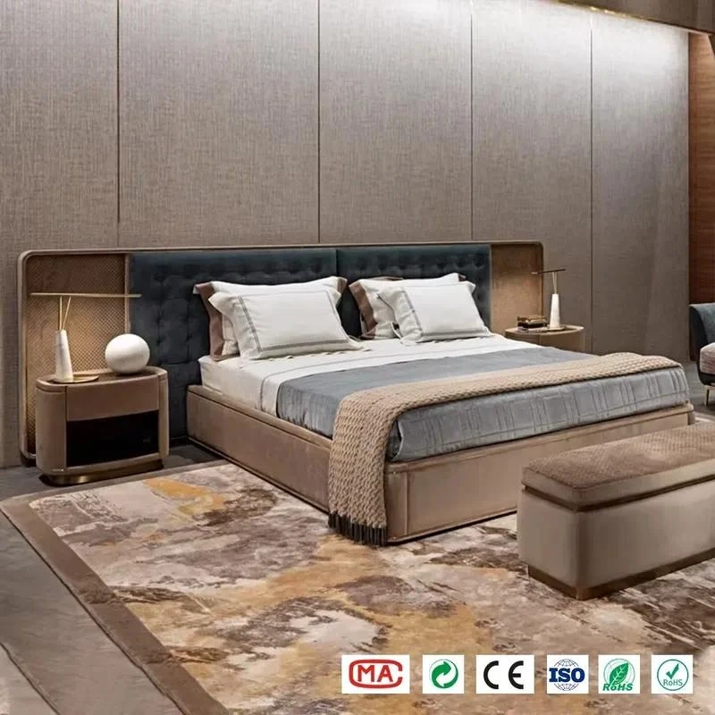 Bedroom Furniture Set Panel Headboard Bed Nightstand Footstool Luxury Villa Hotel Custom Complete Bedroom Suite Decor