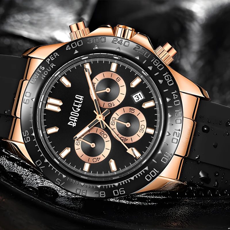 BAOGELA Quartz Watches for Men Fashion Black Gold Silicone Strap Chronograph Wristwatch with Date 24hour Indicator Luminous Hand