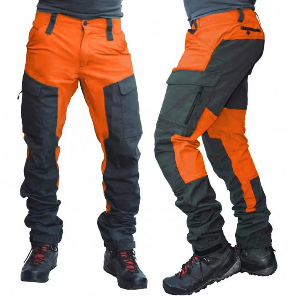 Nylon Men Cargo Pants Color Block Multi Pockets Sports Pants Work Trousers Outdoor Hiking Trekking Joggers Pants