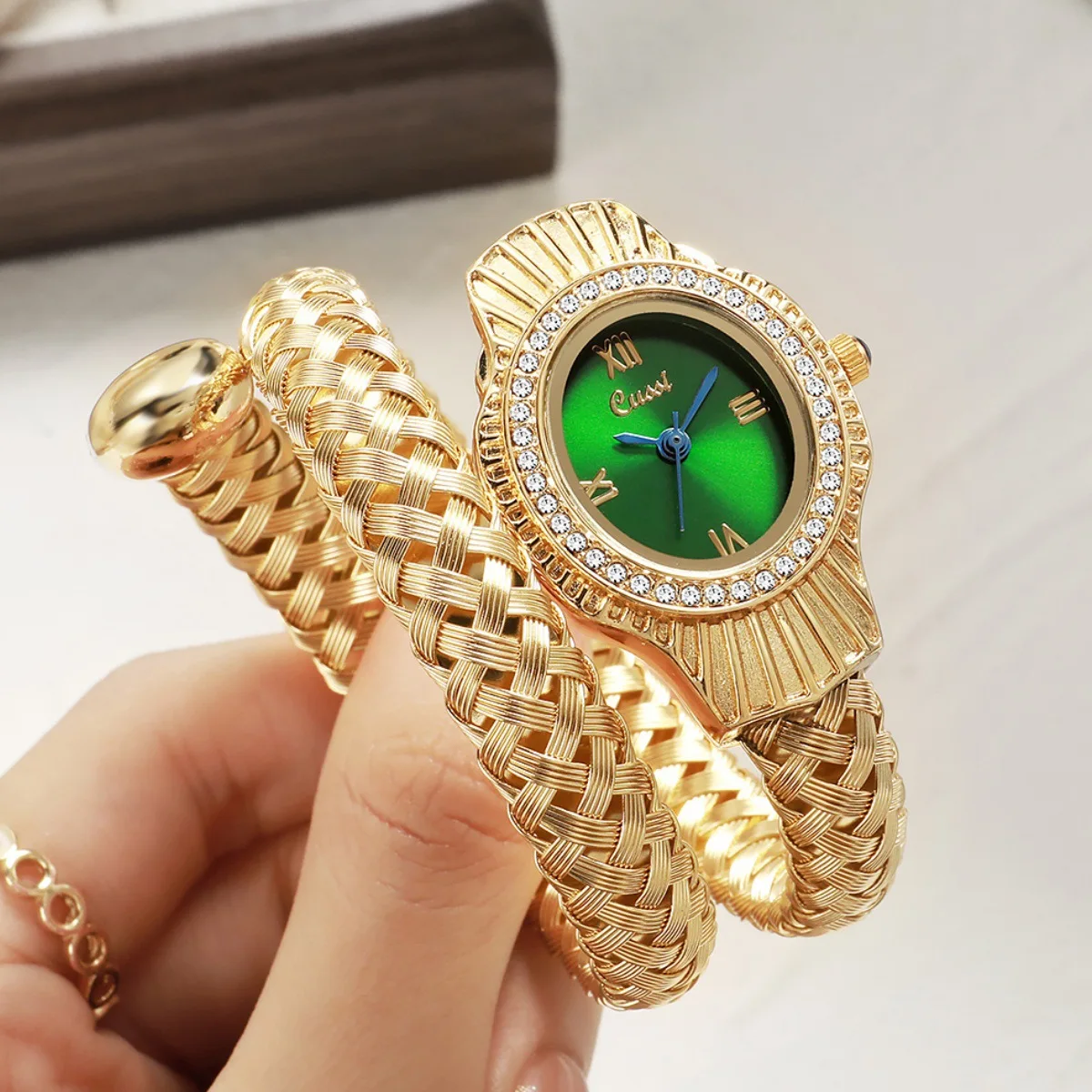 Women’s Cussi Crown Dial Quartz Watch Rhinestone Accents Elegant Gold Tone Bracelet Luxury Style Fashion Dress Wristwatch