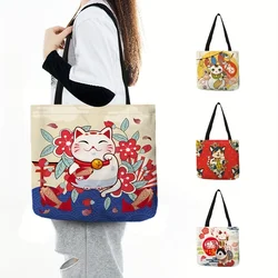 1pc Cute Cat Print Tote Bag Lucky Fortune Cat Print Shoulder Bag Women's Fashion Handbag For Travel Beach School Shopping