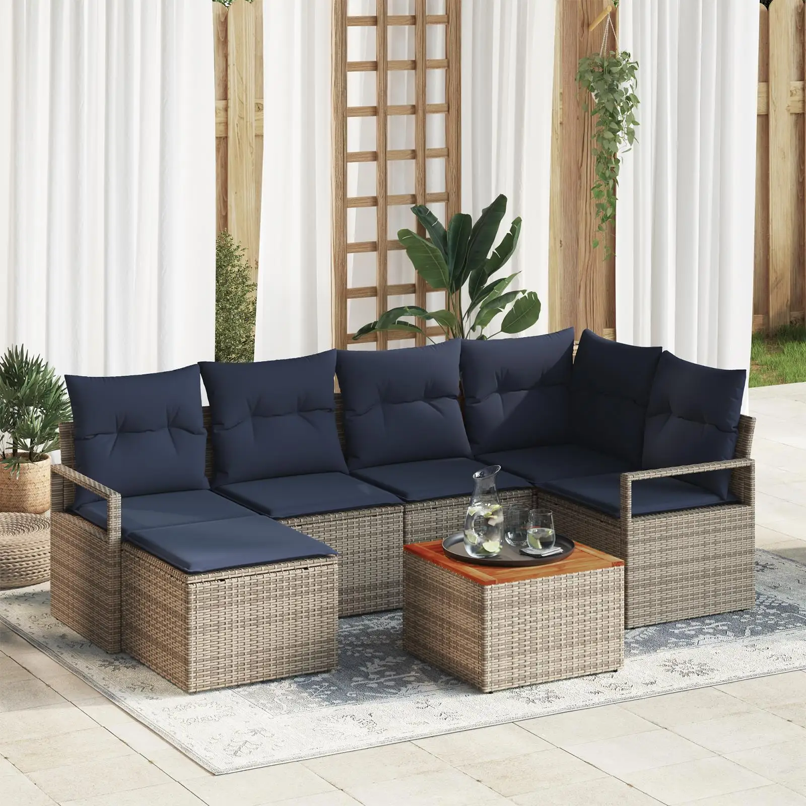 

7 Piece Outdoor Garden Sofa Set with Grey Cushions Poly Rattan and Acacia Wood Perfect for Patio Furniture