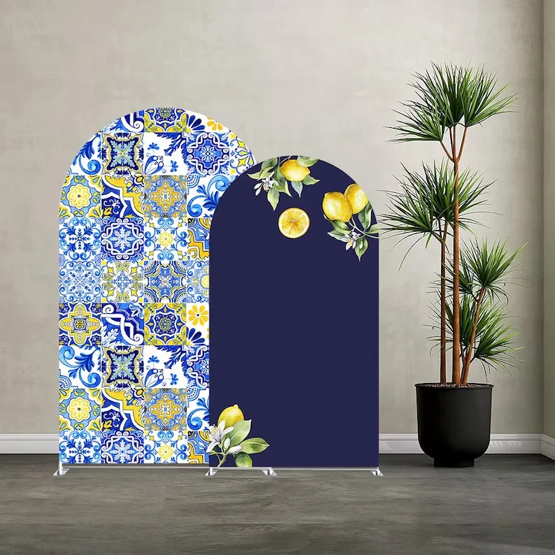 Mehofond Arch Backdrop Fresh Exotic Flavor Lemon Blue Ceramic Tiles Kids Baby Birthday Party Decor Studio Photography Background