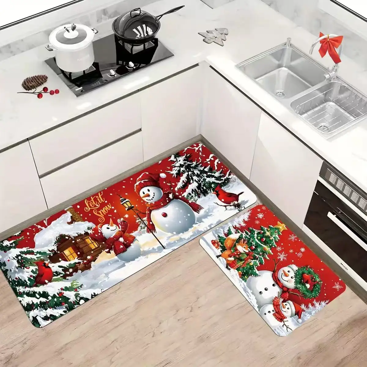 Christmas Kitchen Rug Set 1/2Pcs – Festive Snowman Doormat Set (16x24