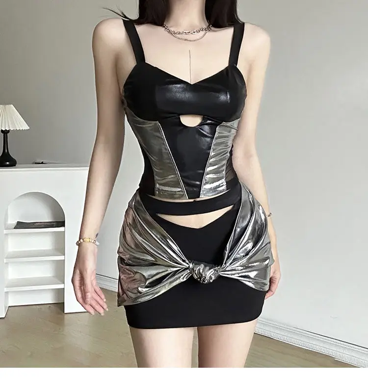 

Suit With Hollow Contrasting Color Slim-Fitting Camisole Slimming Tight-Fitting Design Versatile Hip-Hugging Skirt For Hot Girls