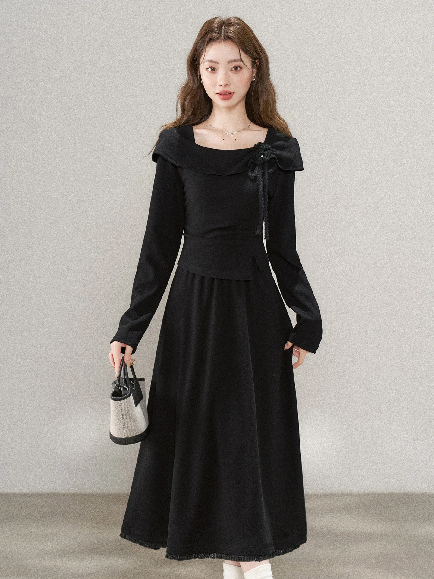 

Hebe Sle Retro Dr Women's Autumn Winter New High Waist Slimming Bla Dr Fake Two-Piece Long Dr Stand Fit A-Lin...