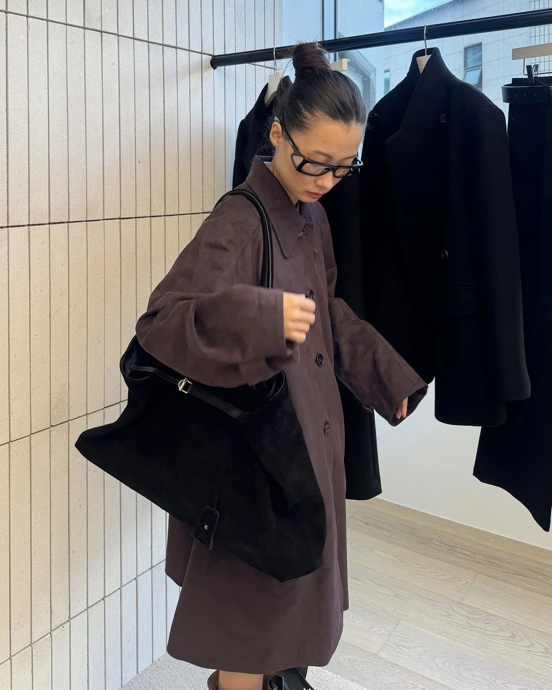 

PREON Autumn Winter LC Casual Simple Elegance Turn-down Collar Mid-length Coat Jaet Women's Busin Commute Loose Fit