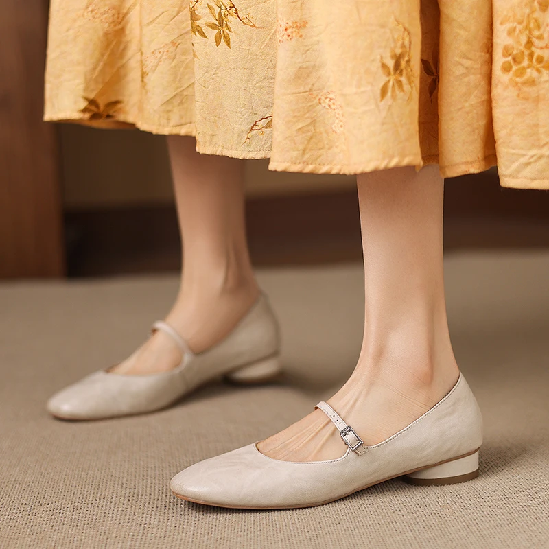 2026 New Soft Bottom Cowhide Mary Janes Women's Shoes High Heel 2cm Chunky Heel Slip-On Round Toe Leather Lined Casual Footwear
