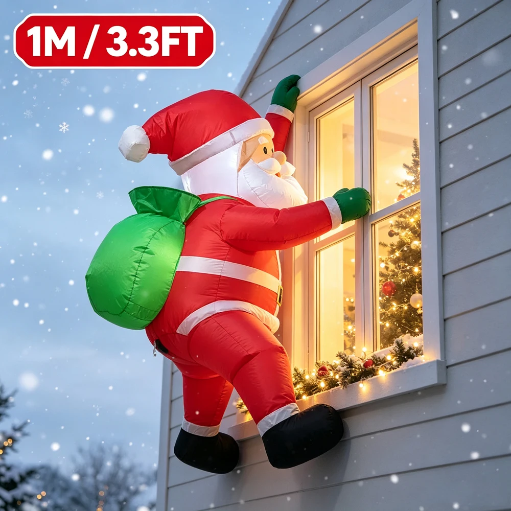1PC Hanging Christmas Inflatables Decorations Santa Claus Climbing Wall with Gift Bag Blow Up Yard Decorations Outdoor Toys