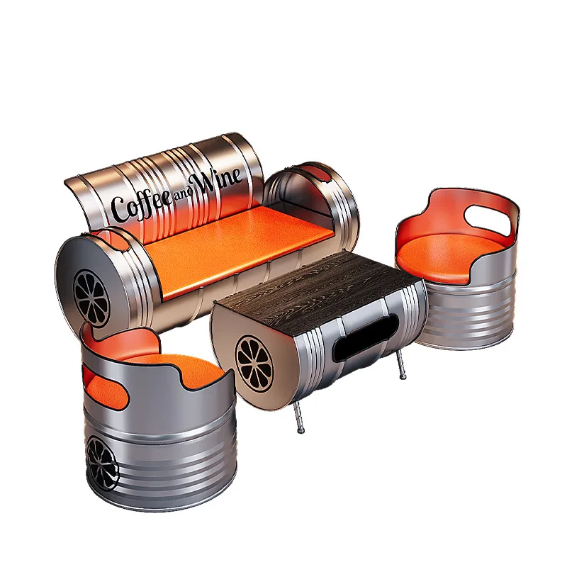 for Industrial Style Sofa Restaurant BBQ Shop Commercial Booth Gym Billiard Hall Leisure Wrought Iron Oil Drum Table and