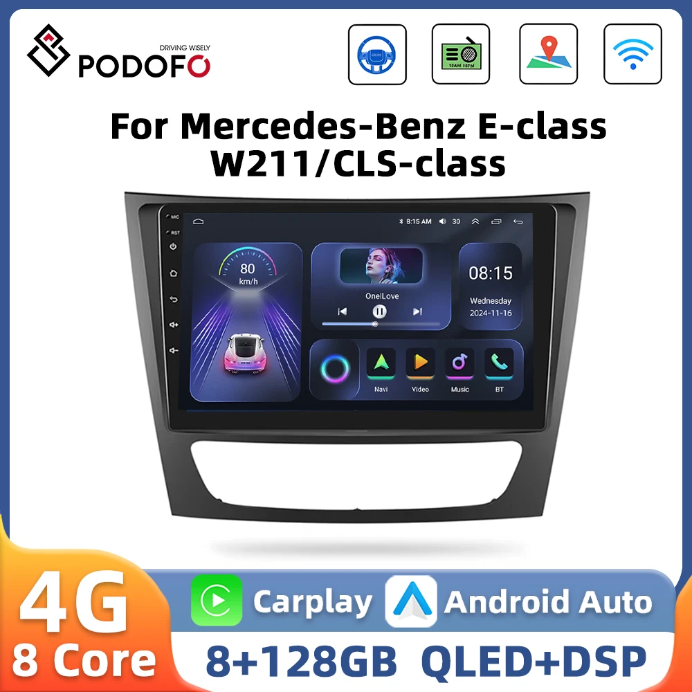 Podofo 2din WIFI Car Radio For Mercedes-Benz E-class W211/CLS-class 2005-2008 Multimedia Player Android Auto Carplay Autoradio