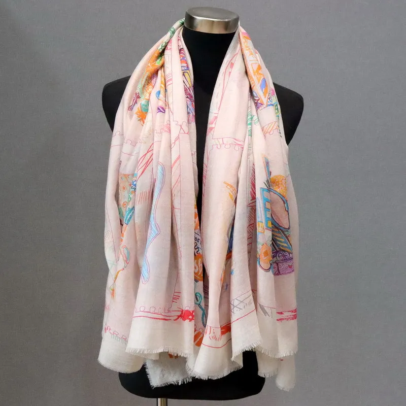 

High-end Elegant Women Fine Steed Prism Print Quality Luxury Water Soluble Wool Handmade Fringe Warm Soft Large Scarf Shawl