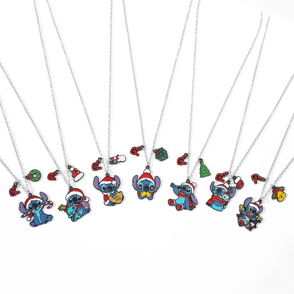 1pc Anime Lilo & Stitch Necklace Disney Cartoon Figure Christmas Stitch Metal Badge Pendant Necklace Kawaii Jewelry Accessories