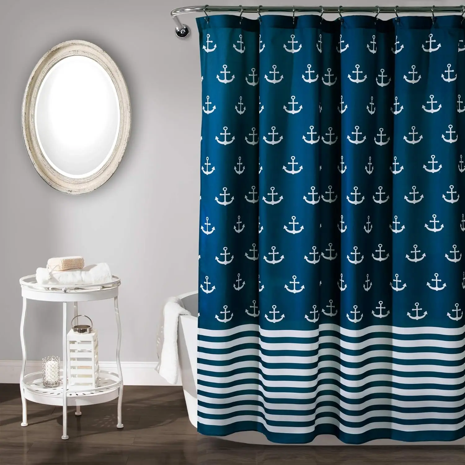 

Shower Curtain, Beach-Themed Bathroom Accessories (Navy Blue, Anchor Print) 72" x 72"