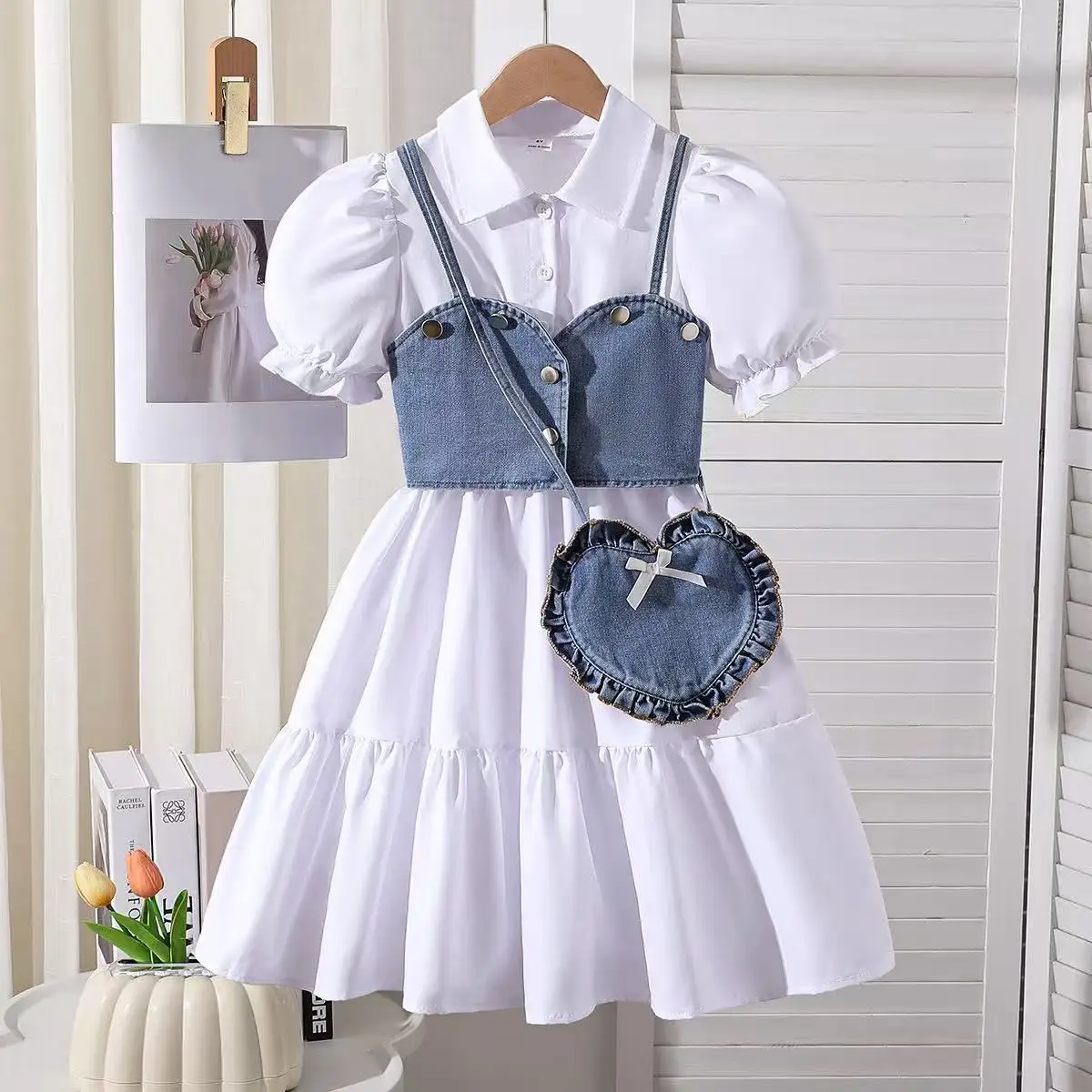 

New European Style Girls 3 Piece Set Shirt Dress Vest Design with Heart Bag Outfit for 8-12Y