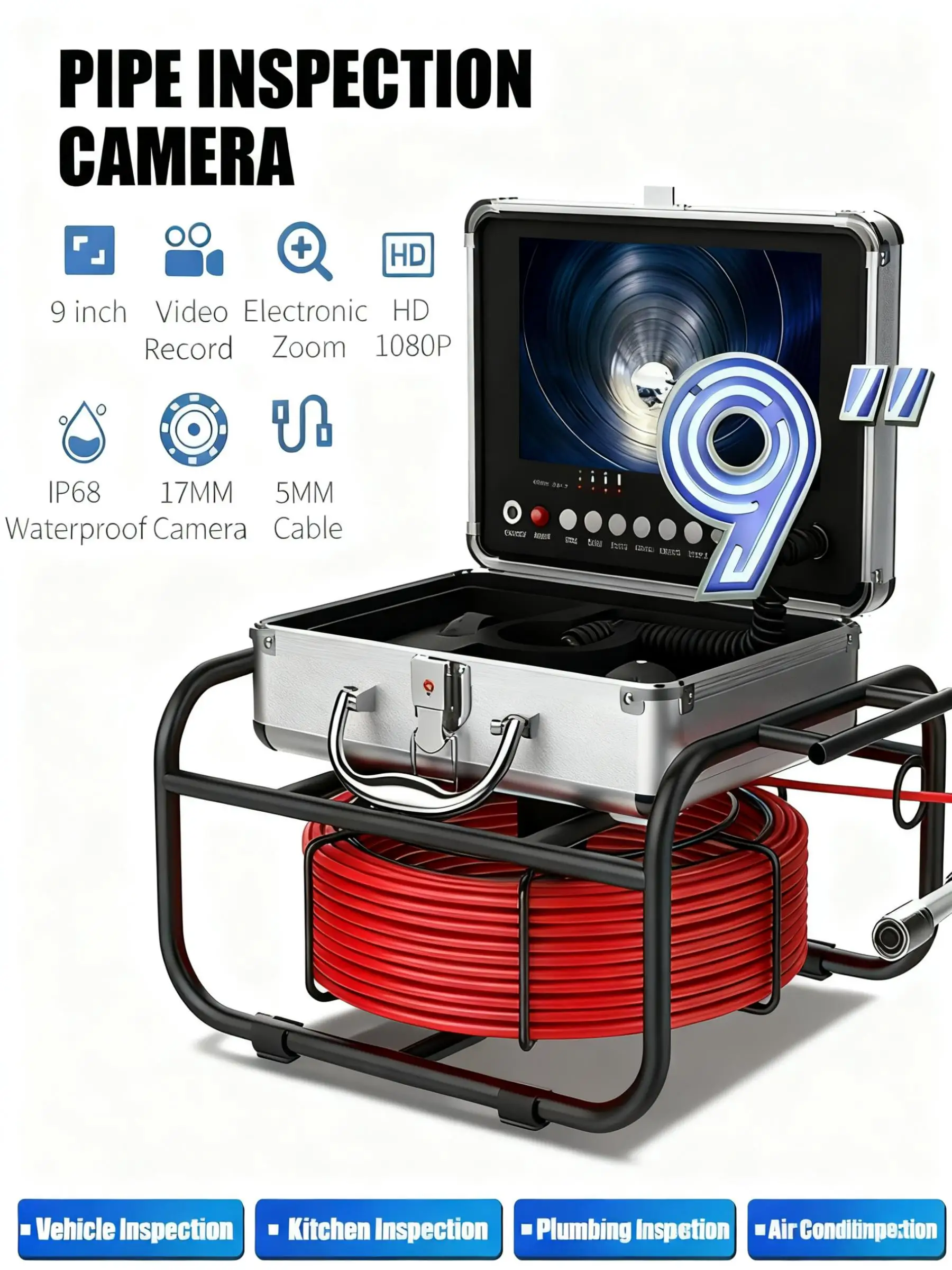 

HD endoscope camera, DVR Recording, IP68 Waterproof Fiber Tube & 8 LED Lights for Heavy-Duty Pipe Inspection