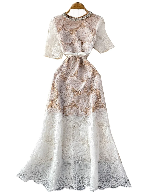 우아한 라운드 넥 레이스 장식 다이아몬드 하이웨이스트 피쉬테일 드레스 럭셔리 패션 출퇴근 스타일 반팔 여성 드레스