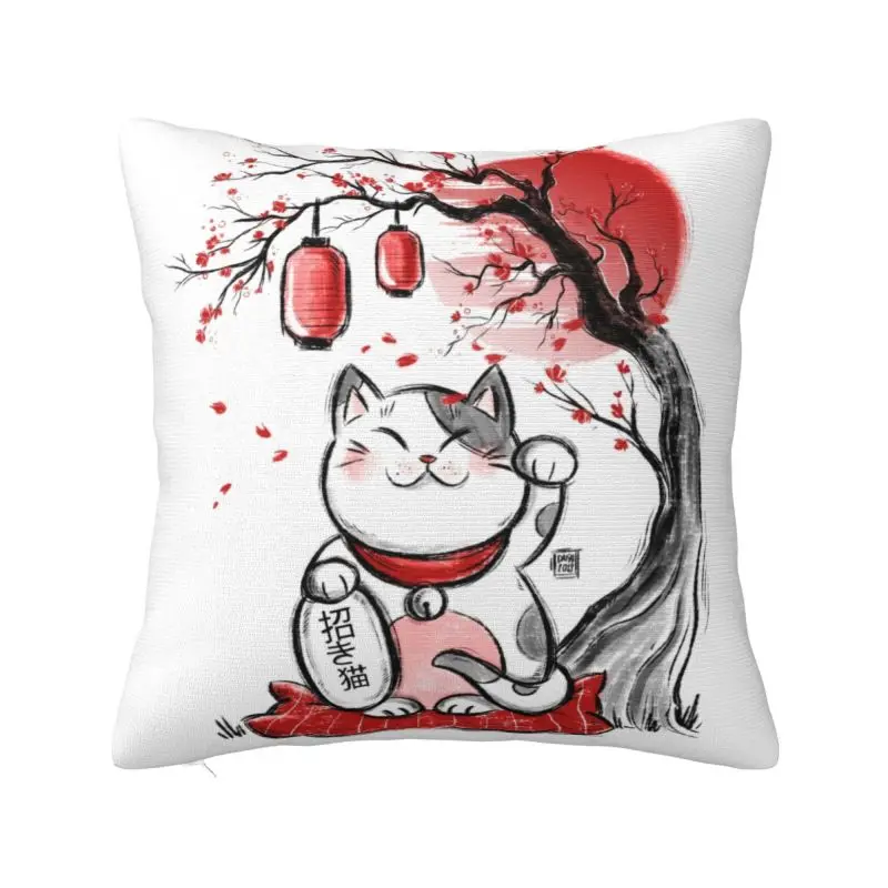 Custom Modern Maneki Neko Sakura Flowers Cushion Cover Soft Lucky Cat Cherry Blossom Pillow Case Living Room Decoration