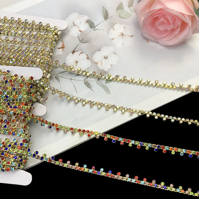 8 Yards 0.8cm Wide Shiny Colorful Rhinestone Chain Lace Trim for Stage Performance Dance Dress Decoration DIY Sewing Accessories