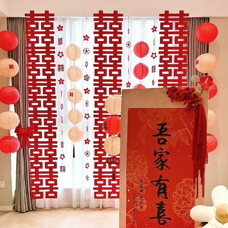 Chinese Double Happiness Wedding Decoration Traditional Wedding Hanging Pendant Ornament Chinese Style Hanging Flags Decor