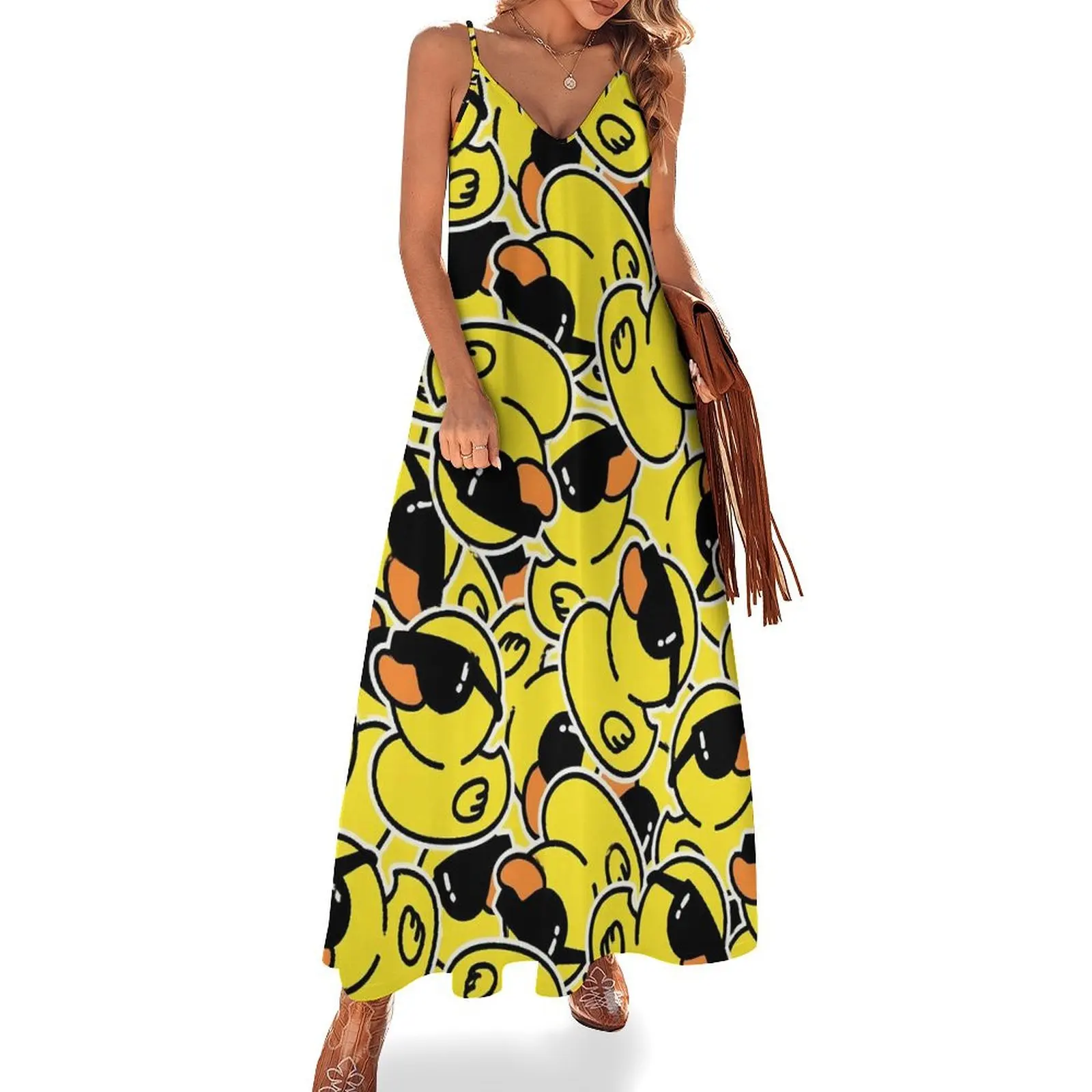 

Cool Ducks Print Dress Cute Ducklings Vintage Maxi Dress Street Style Boho Beach Long Dresses Spring V Neck Oversized Vestidos