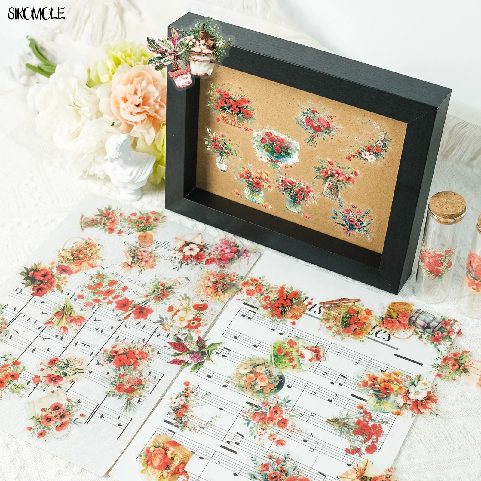 50PCS Vintage Plants Romantic Neon Rose Flowers PET Sticker DIY Mobile Phone Accounts Laptops Skateboards Transparent Stickers