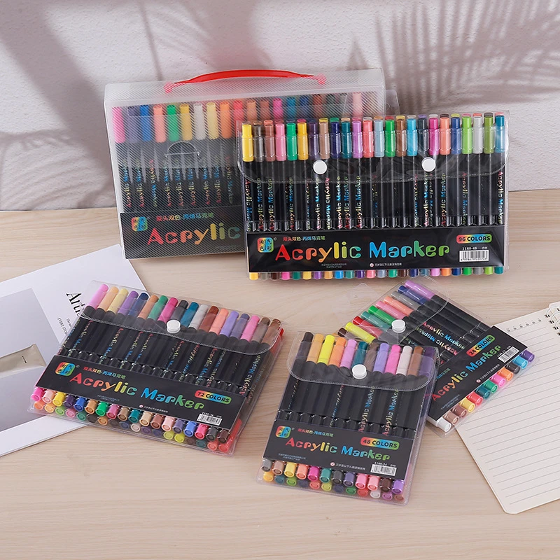 24-96 Colors Acrylic Paint Markers Dual-Tip Fine & Brush Tip Professional Art for Stone Wood Ceramic Glass Calligraphy DIY Craft