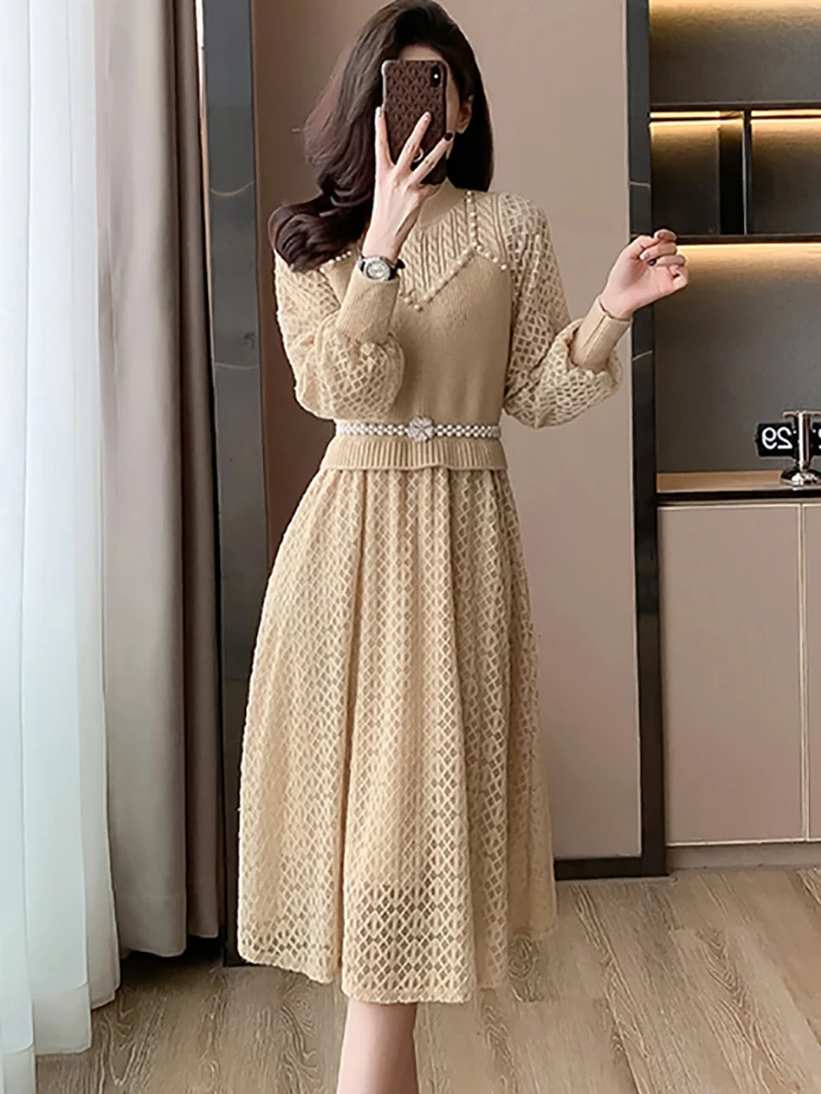 Women Fashion Plaid Hollow Out Bodycon Beading Long Dress 2024 Luxury Elegant Sweater Dress Autun Winter Korean Casual Vestidos