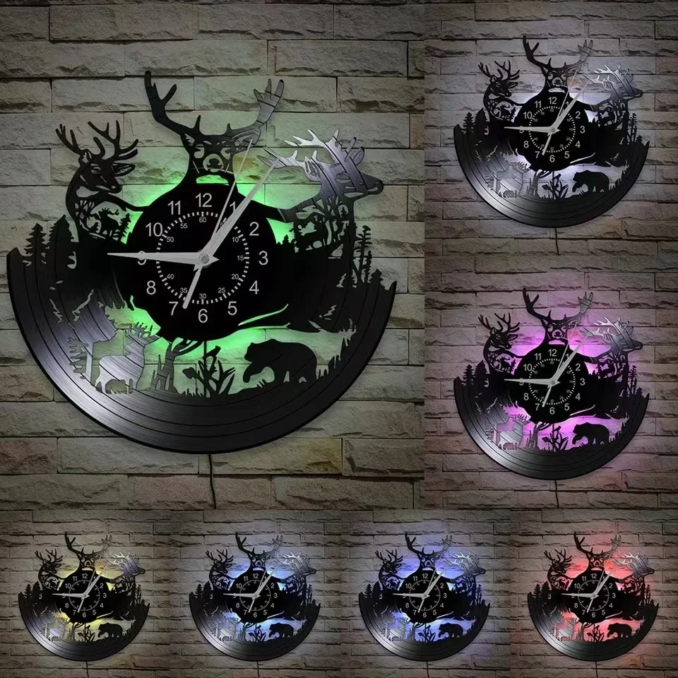 Forest Deer Vinyl Record Wall Clock LED Night Light Remote Control Art Creative Home Decoration Children's Gift Wall Clock view 6