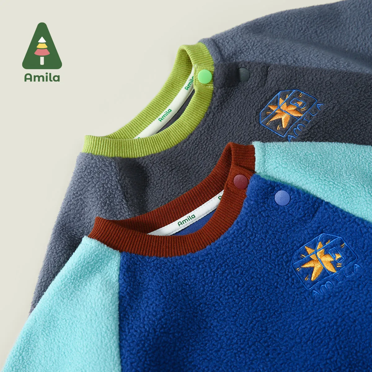 Amila Baby Sweatshirt 2024 Winter New Boys Contrast Color Star Pattern One-Piece Velvet Warm Loose Casual Children\'s Pullover