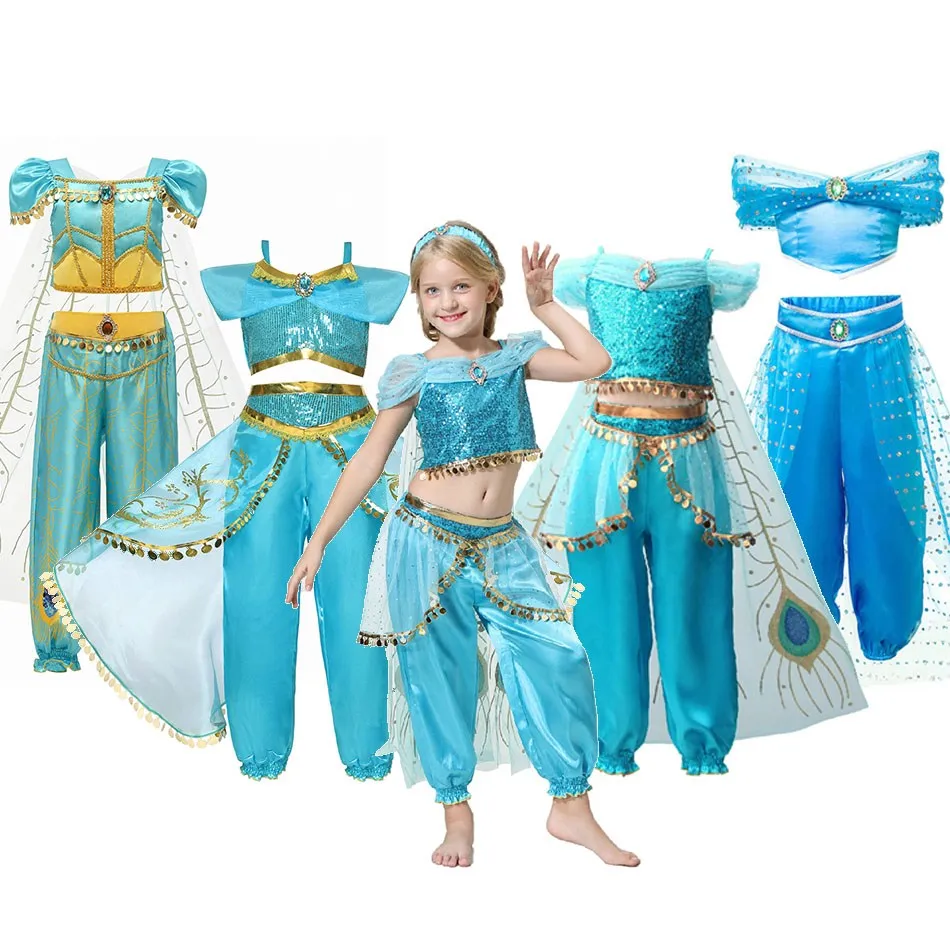 

Girl Jasmine Dress Up Costume Summer Kids Arabian Princess Dress for Girls Baby Halloween Carnival Fancy Costume 3-10 Years