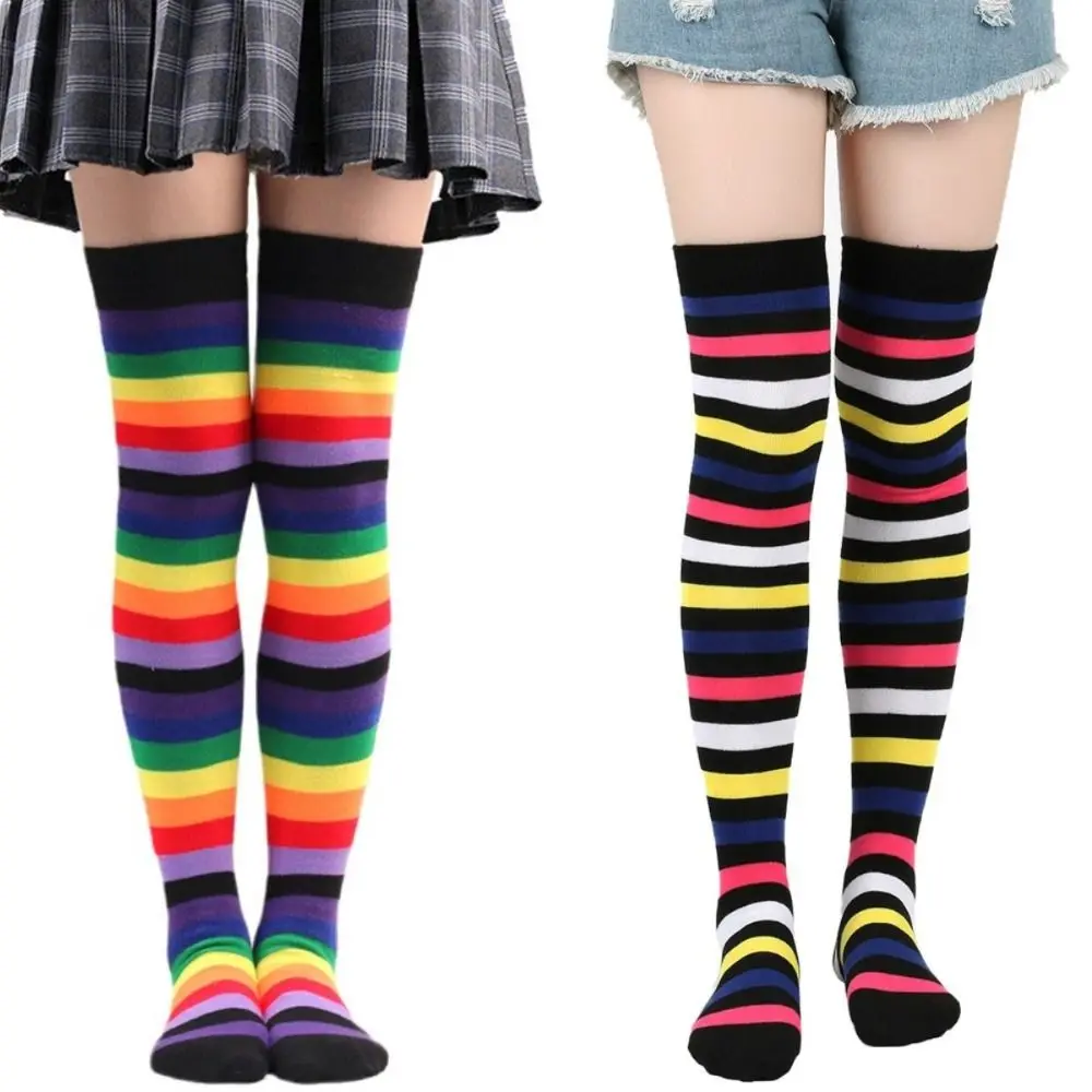 Bas colorés à rayures arc-en-ciel, chaussettes longues à rayures, mignonnes, Sexy, durables, cuisses hautes, défilé de mode