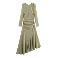 Tangada 2024 Women Solid Green Long Sweater Dress Long Sleeve Ladies A-line Dress 4M088