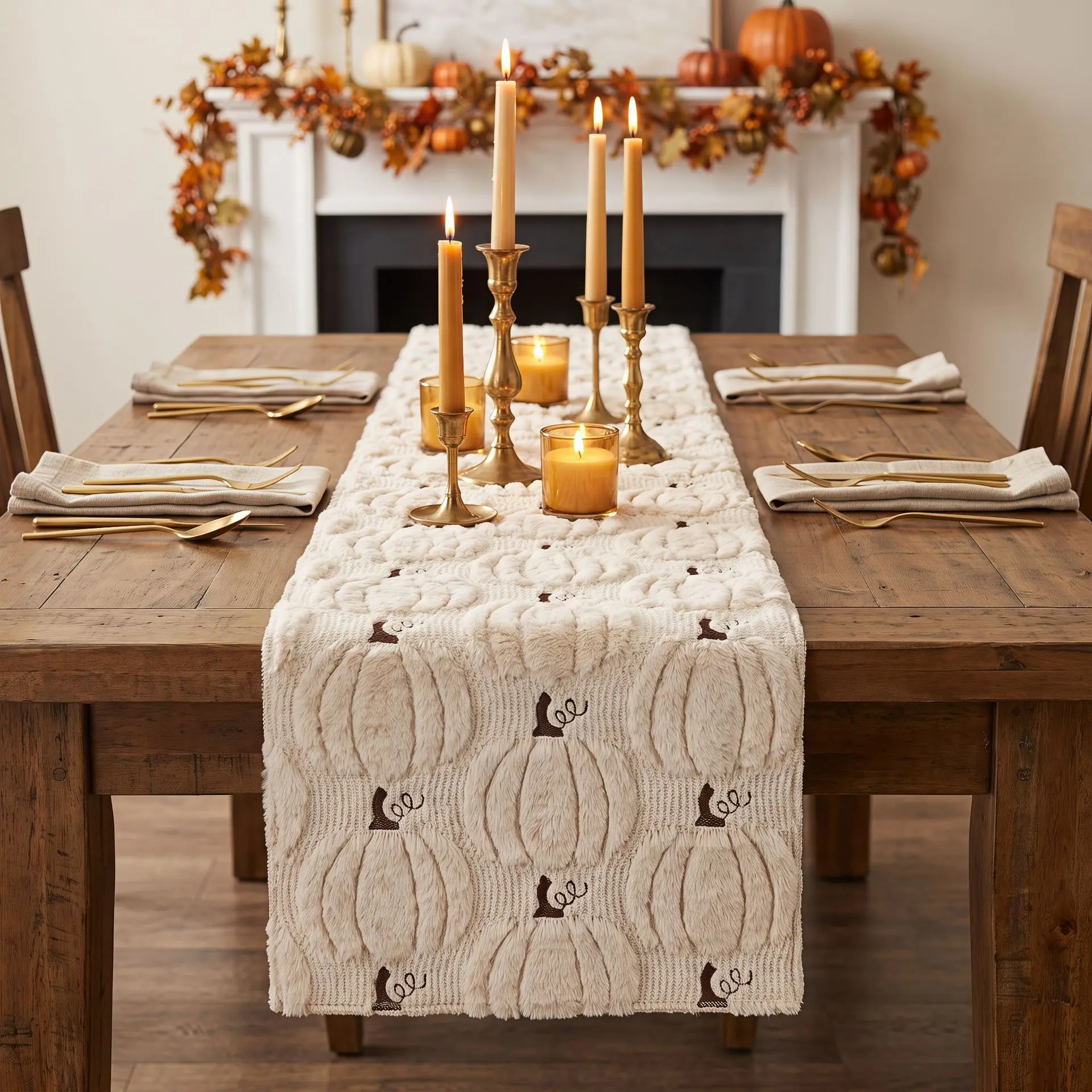 Off‑White Plush 3D Embossed Pumpkin Runner Autumn Fall Harvest Tablecloth Farmhouse Style Thanksgiving Dining Room Table Decor