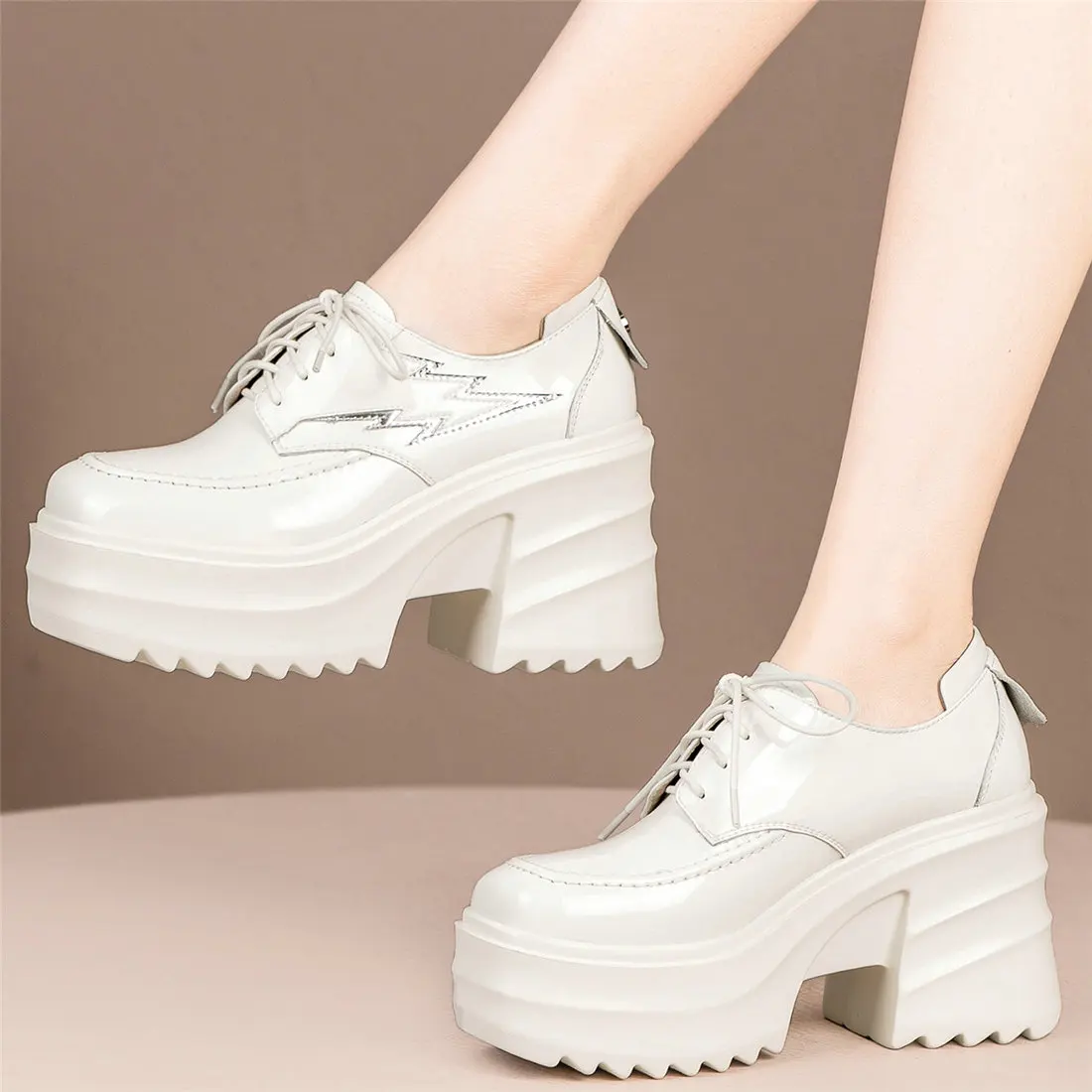 

2022 Punk Creepers Women Genuine Leather High Heel Pumps Shoes Female Lace Up Round Toe Chunky Platform Ankle Boots Casual Shoes