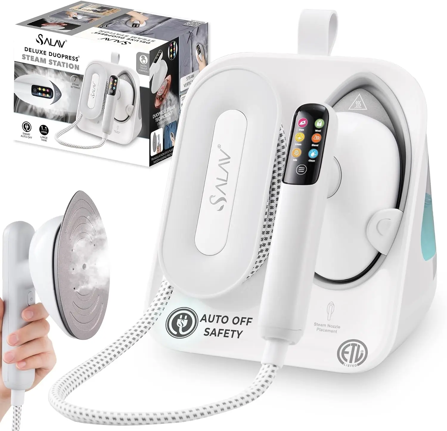 SALAV DuoPress Smart Deluxe Steam Station, Garment Steamer & Iron, 6ft Extra-Long Hose, Auto-Off Safety, Digital Display, 7 Stea