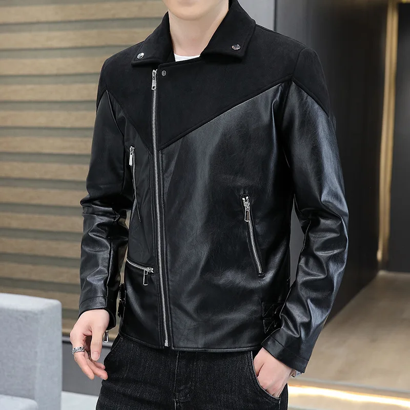 2024 men's new autumn stitching rivet PU leather jacket youth fashion oblique zipper Slim motorcycle leather jacket