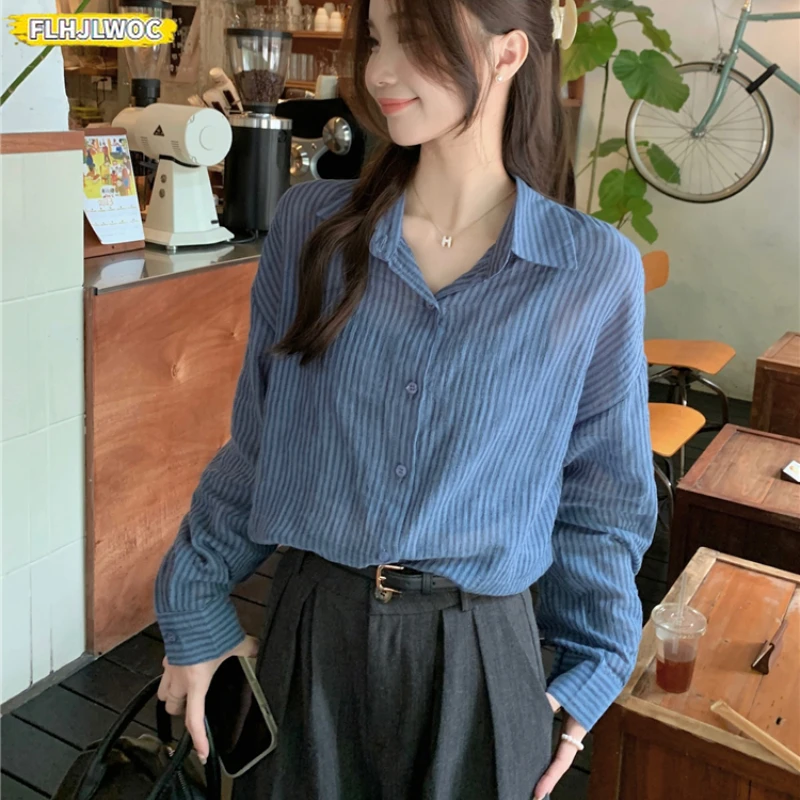 Katoenen tops Luie Korea-stijl Gestreept overhemd Blouse 2023 Lente Zomer Retro Losse dunne transparante vriendje Lange shirts met knopen