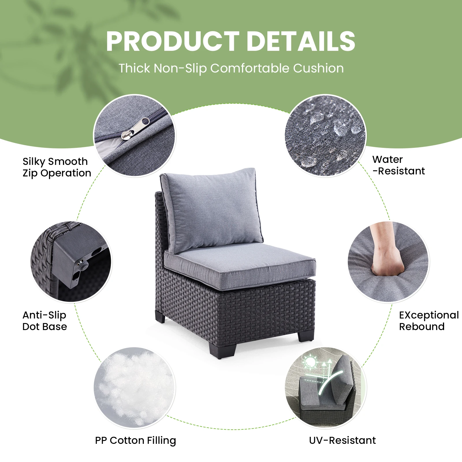 Farini Patio Sectional Sofa Set, Outdoor Furniture with Ottoman, Water/Oil/Stain-Resistant Fabric, Dark Gray Cushion + Gray Wick image 5