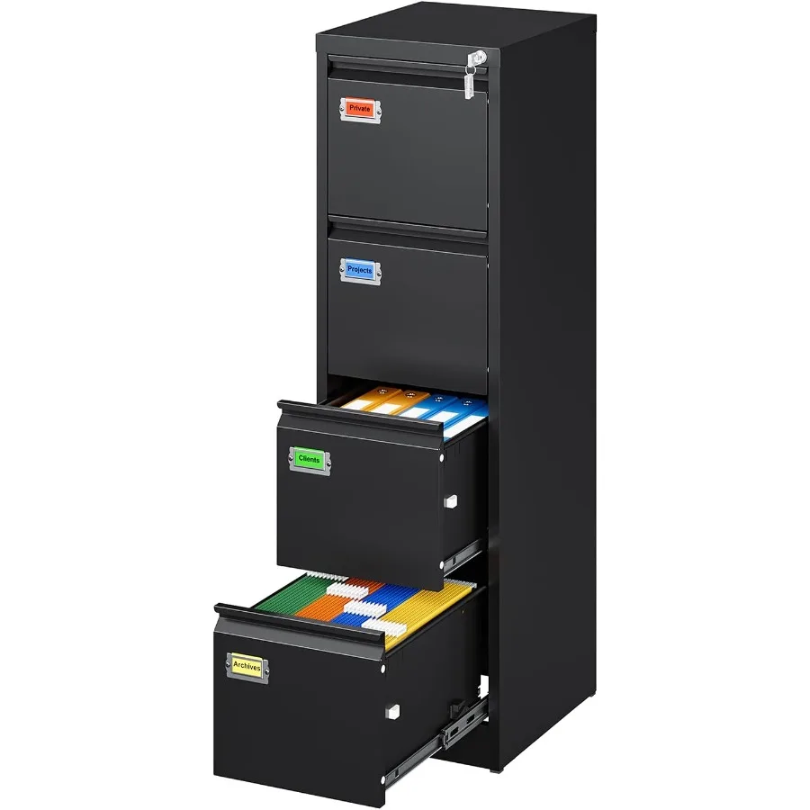 Home Office 4-Drawer Vertical Filing Cabinet, Metal, Black, Anti-Tip Design with Lock for Letter/Legal/A4/F4 Files