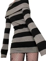 Women Autumn Dress Striped Boat-Neck Long Sleeve Bodycon Short Dress Y2K Gothic Wrapped Hip Party Dresses - Image 3