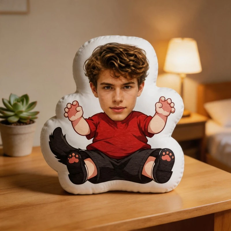 Custom Personalized Photo Face Pillow, Funny Red Shirt And Cartoon Body Custom Shaped Decorative Cushion, Unique Home Decor Acce