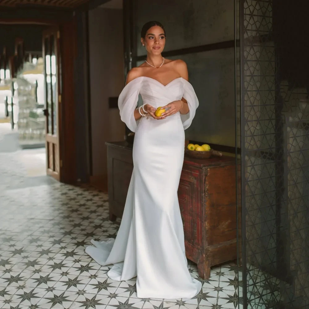 

2025 Simple Mermaid Wedding Dress Off The Shoulder Pleats Organza Satin Bridal Gowns Boho Summer Vestidos De Novia