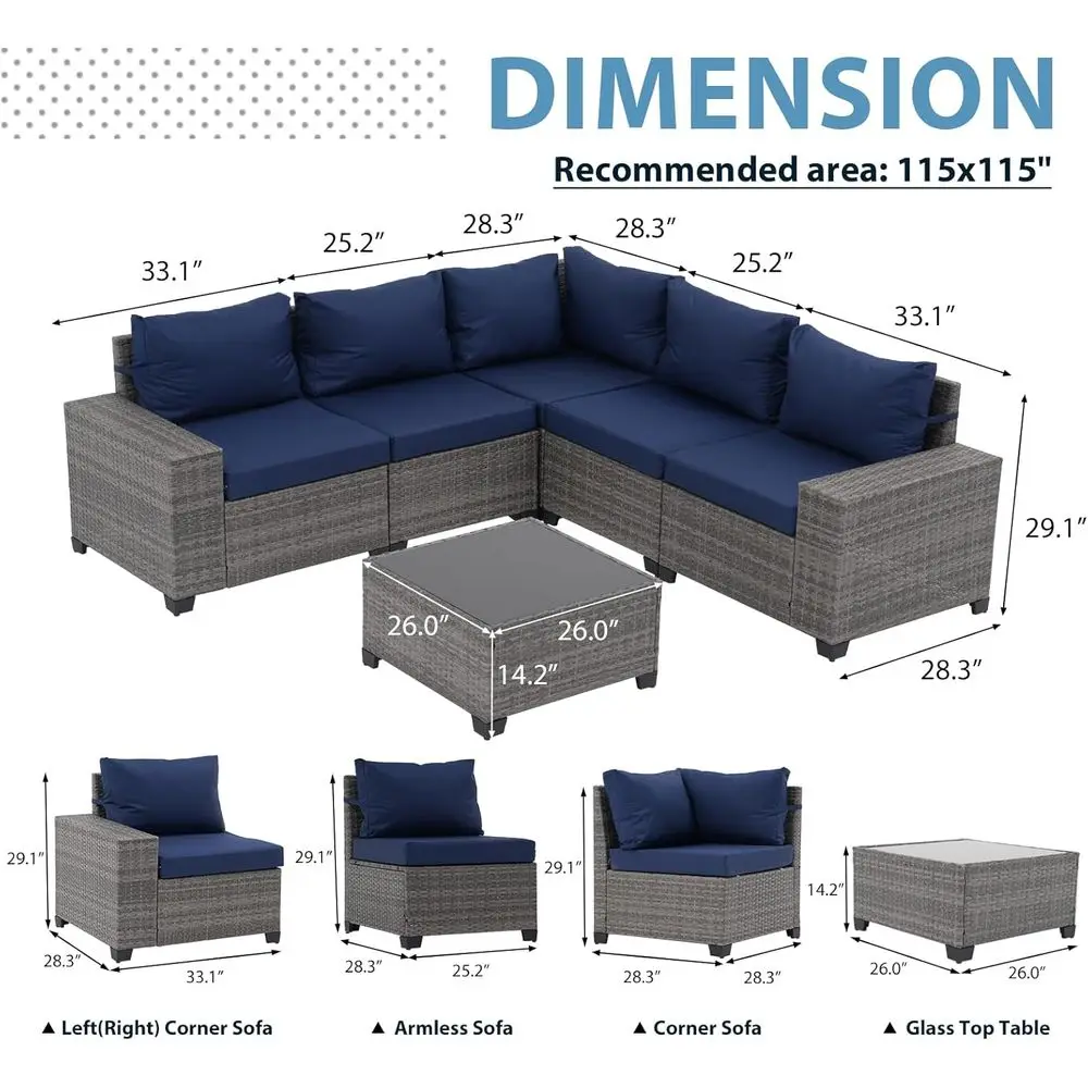 

6 Pieces Outdoor Patio urniture Set, Rattan Patio Sectional Soa Contion Set with Coee Table, PE Wicker L-Shaped Soa Set with Cus