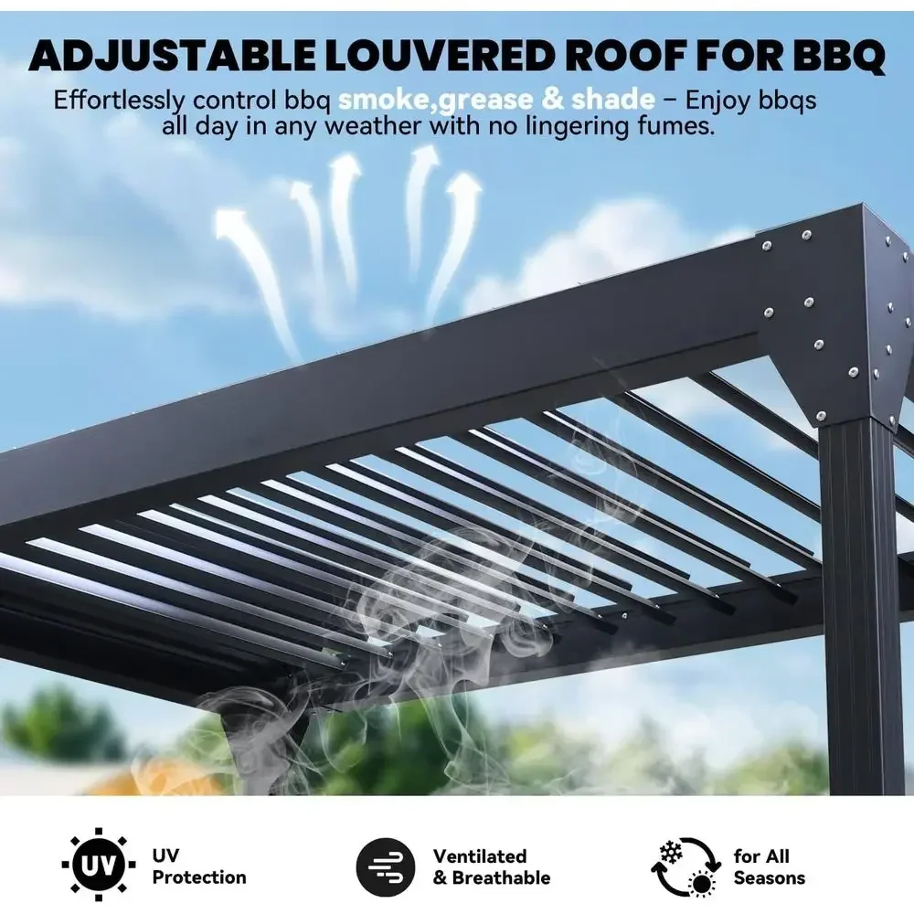 Grill Pergola 8x5.2t with Adjustable Louvered Roo, Gazebo with 2 Shelves & Rain Gutter, Weatherproo Outdoor Shelter or BBQ & Pat