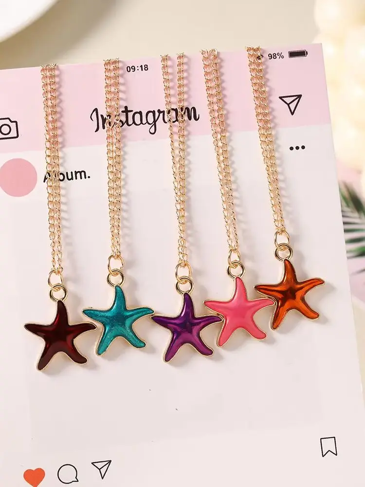 Aihua Niedliche Seestern-Anhänger-Halskette für Frauen und Mädchen, bunte Sommer-Strandmode, Seestern-Halskette, Ohrringe, Schmuck, Geschenke – Detail 1