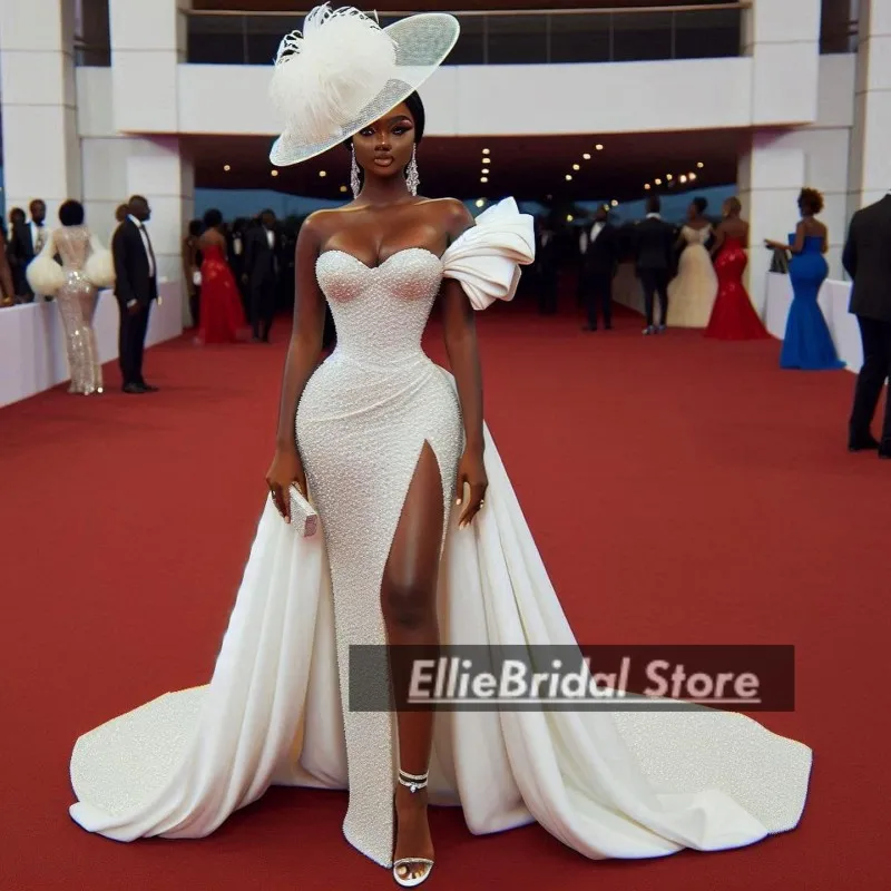 

Luxury Pearls Wedding Dresses One Shoulder Sweetheart African Mermaid Split Bridal Gowns vestido de novias Customized