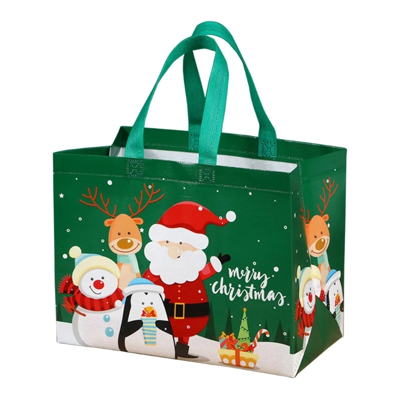 Christmas Tote Bag with Handle Large Gift Bag Reusable Non-Woven Grocery Shopping Tote Santa Claus Snowman- Cartoon Bag A0KF