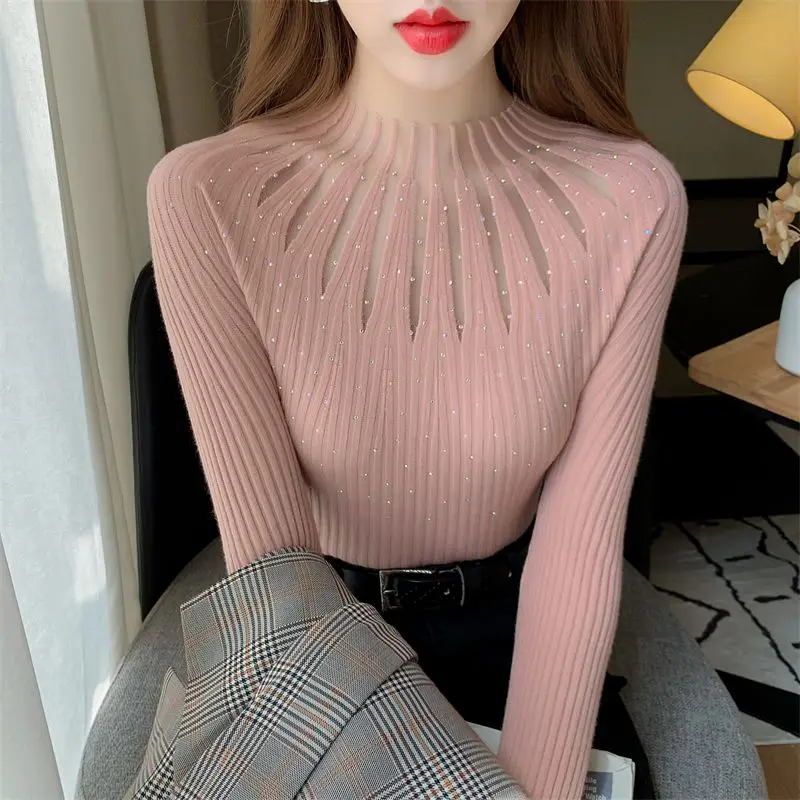 Autumn Winter New Pullovers Women\'s O-Neck Slim Sweaters Fashion Sexy Hollow Out Diamonds Casual Versatile Long Sleeve Tops